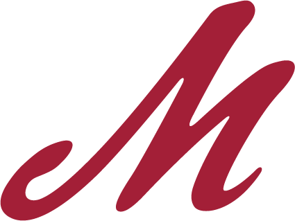 A logo of Muhlenberg College, a scripted M